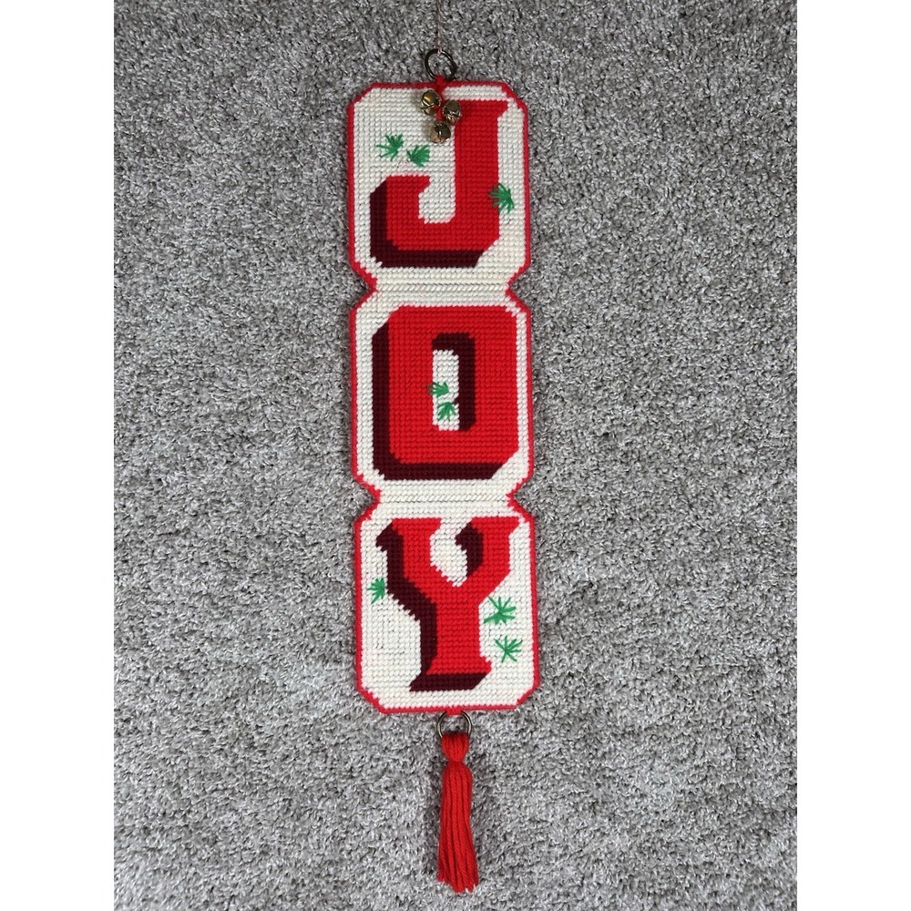 Vintage Needlepoint JOY Christmas Wall Hanging Bells Tassel‎ Handmade